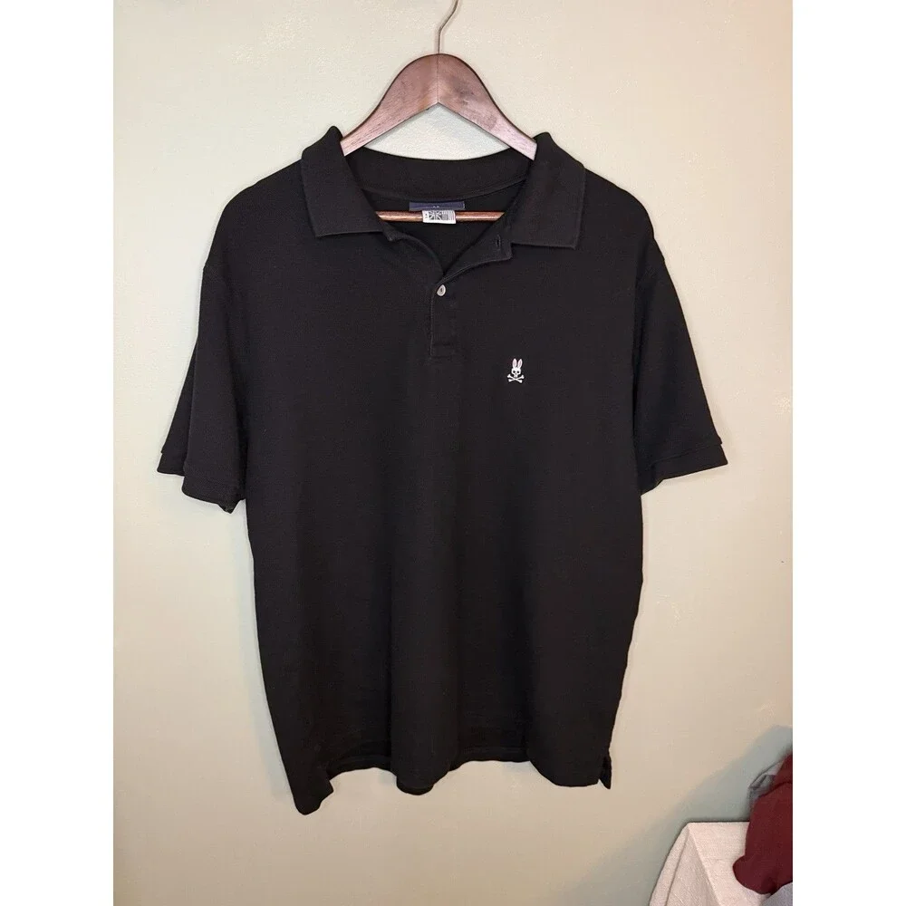 Psycho Bunny Men's Solid Black Short Sleeve Collared Button Polo Shirt L
